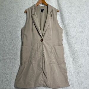 Nicole Miller Long Tencell Beige Vest Women XL One Button Big Pockets Belt Loops